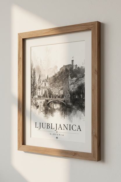 Ljubljana Slovenia Art Print | Watercolor Travel Poster | Black &amp; White City Decor