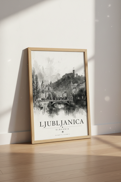 Ljubljana Slovenia Art Print | Watercolor Travel Poster | Black &amp; White City Decor