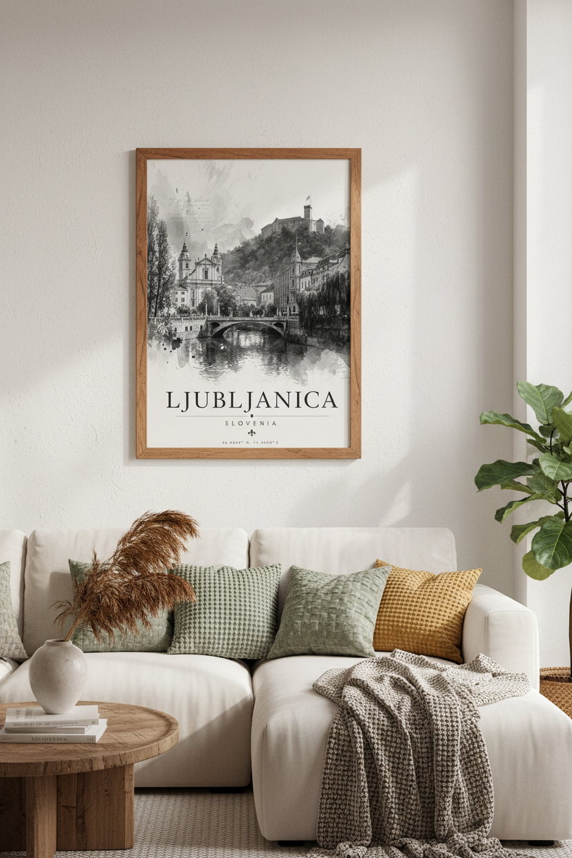 Ljubljana Slovenia Art Print | Watercolor Travel Poster | Black &amp; White City Decor