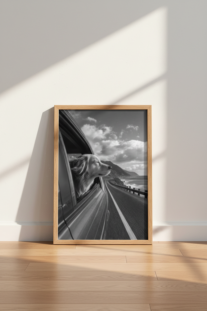 Golden Retriever Car Ride Wall Art | Black and White Coastal Print, Neutral Decor