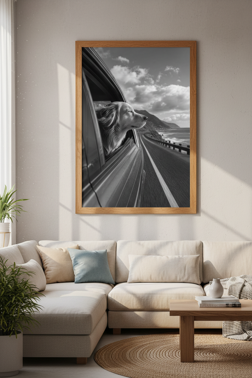 Golden Retriever Car Ride Wall Art | Black and White Coastal Print, Neutral Decor