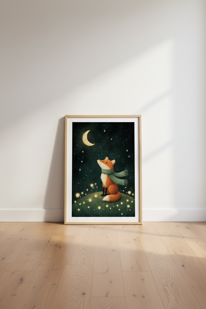 Fox and Moon Wall Art | Whimsical Woodland Nursery Decor | Night Sky Poster