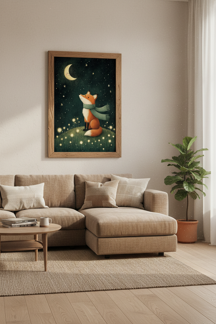 Fox and Moon Wall Art | Whimsical Woodland Nursery Decor | Night Sky Poster