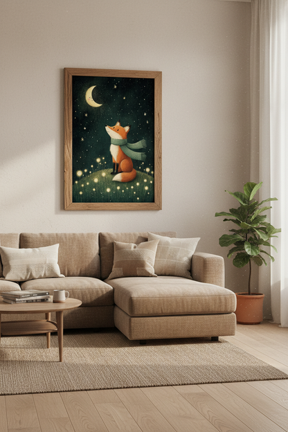 Fox and Moon Wall Art | Whimsical Woodland Nursery Decor | Night Sky Poster