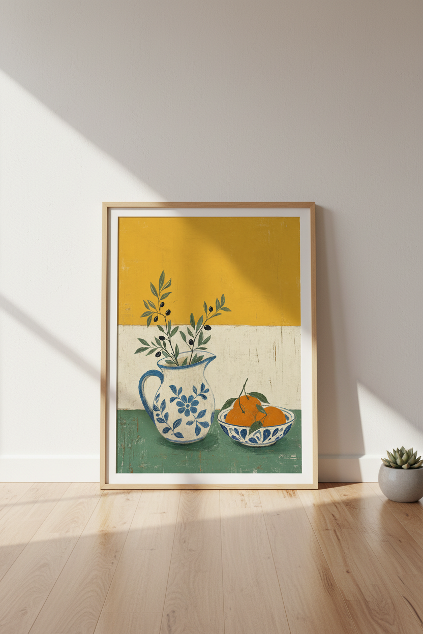 Mediterranean Still Life | Yellow &amp; Blue Olive Art, Kitchen Dining Room Decor