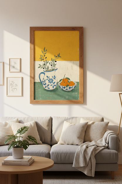 Mediterranean Still Life | Yellow &amp; Blue Olive Art, Kitchen Dining Room Decor