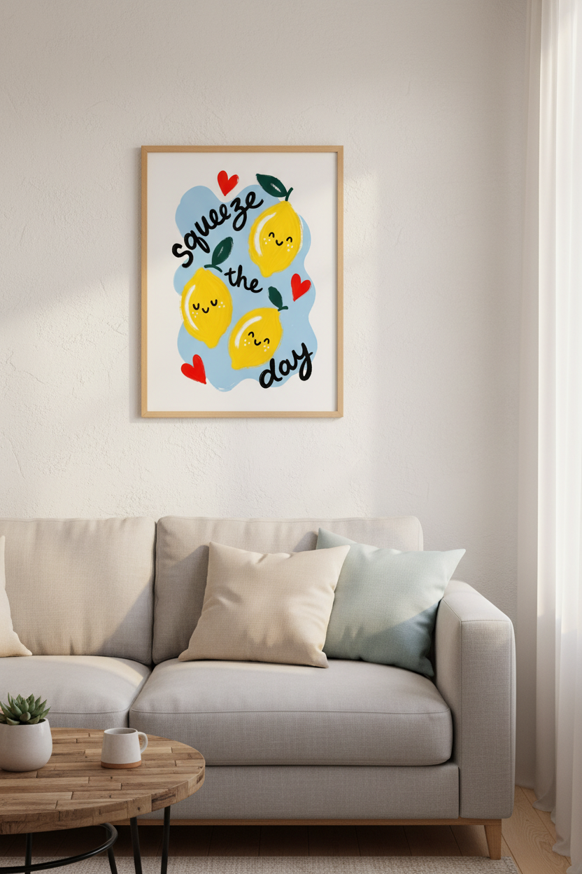 Lemon Kitchen Wall Art | Squeeze The Day Poster, Colorful Citrus Decor Print