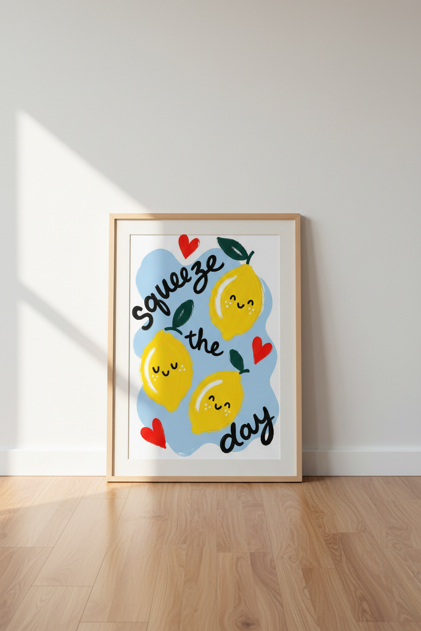 Lemon Kitchen Wall Art | Squeeze The Day Poster, Colorful Citrus Decor Print