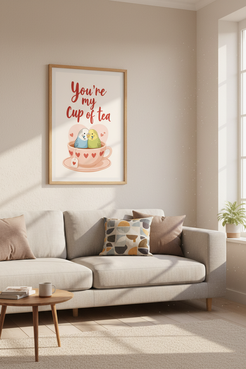 Budgie Lovebird Cup of Tea Wall Art | Kitchen Nursery Decor | Whimsical Bird Poster