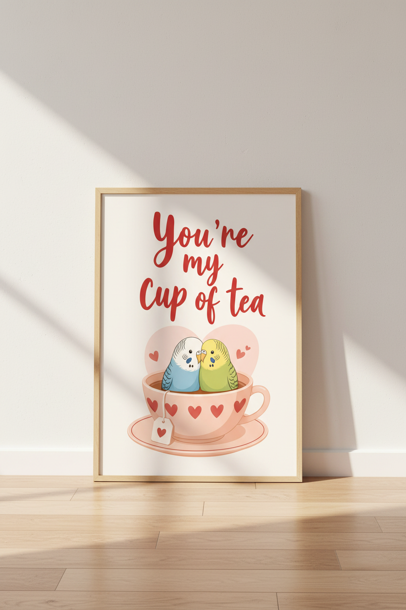 Budgie Lovebird Cup of Tea Wall Art | Kitchen Nursery Decor | Whimsical Bird Poster