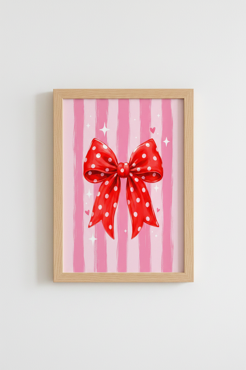 Coquette Pink Bow Print | Girly Red Polka Dot Poster, Feminine Aesthetic Wall Art