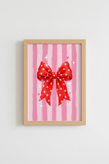 Coquette Pink Bow Print | Girly Red Polka Dot Poster, Feminine Aesthetic Wall Art