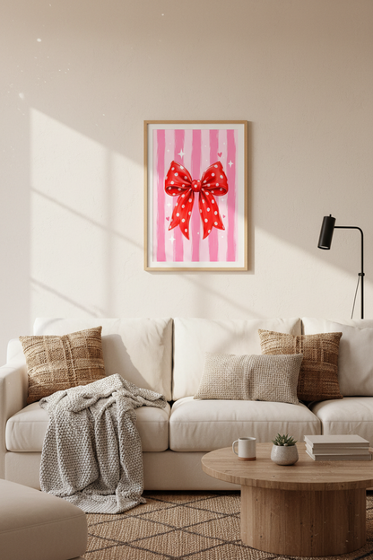Coquette Pink Bow Print | Girly Red Polka Dot Poster, Feminine Aesthetic Wall Art