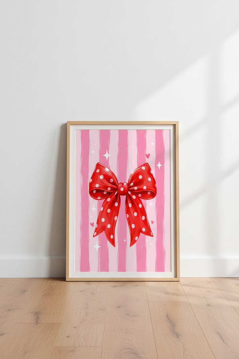 Coquette Pink Bow Print | Girly Red Polka Dot Poster, Feminine Aesthetic Wall Art