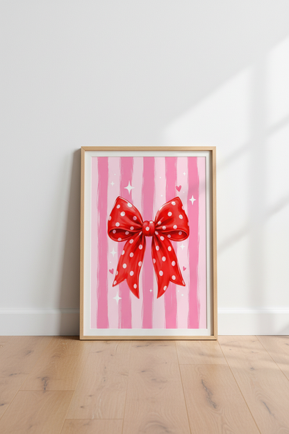 Coquette Pink Bow Print | Girly Red Polka Dot Poster, Feminine Aesthetic Wall Art