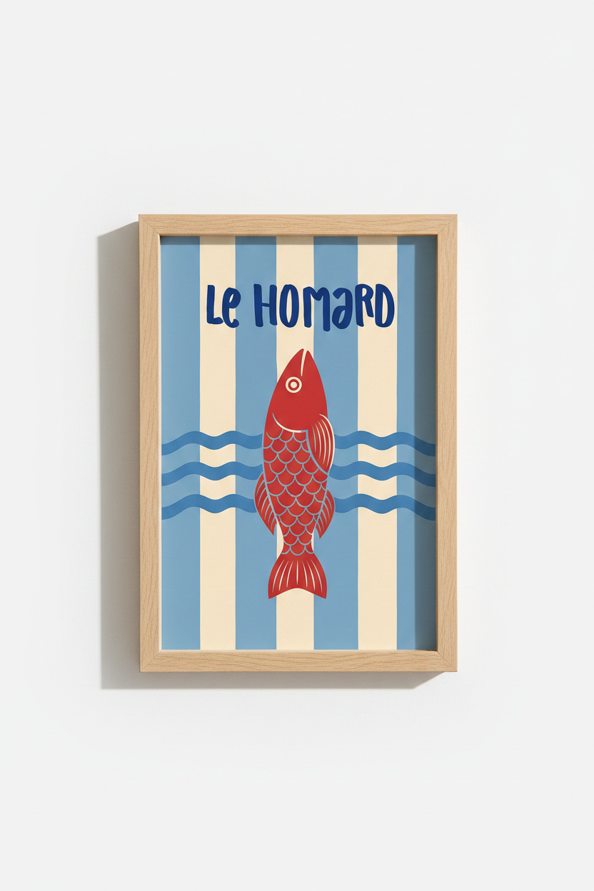lobster wall art | Minimalist Oceanic Blue, Red Accents | Living Room Decor