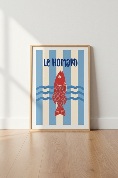 lobster wall art | Minimalist Oceanic Blue, Red Accents | Living Room Decor