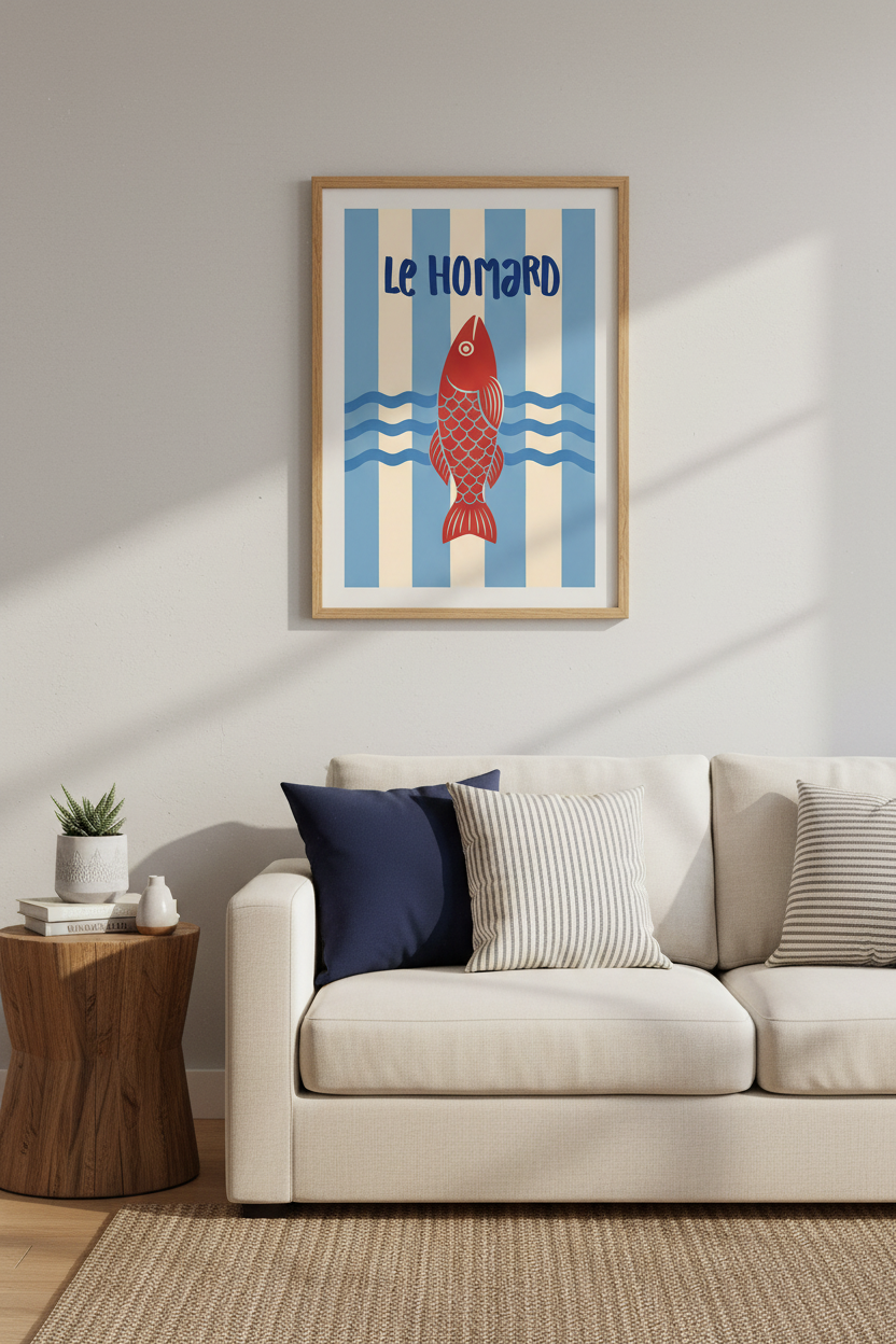 lobster wall art | Minimalist Oceanic Blue, Red Accents | Living Room Decor