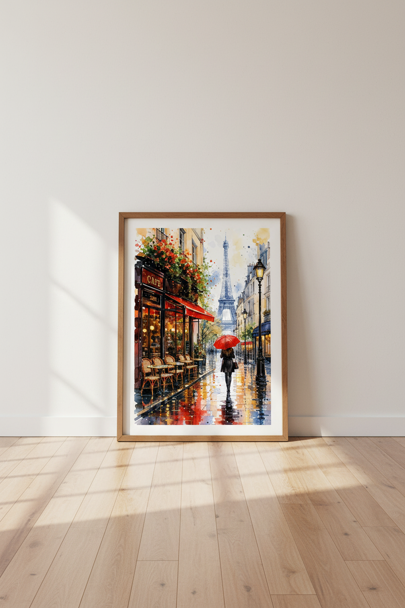 Paris Street Cafe Watercolor Print | Eiffel Tower Wall Art | Romantic French Poster