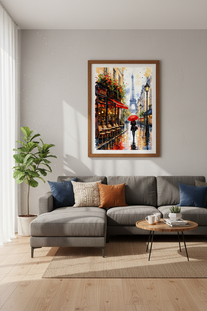 Paris Street Cafe Watercolor Print | Eiffel Tower Wall Art | Romantic French Poster