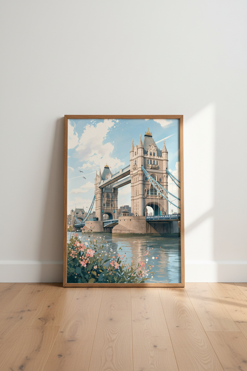 London Tower Bridge Art | Pastel Blue Cityscape, Living Room Decor Poster
