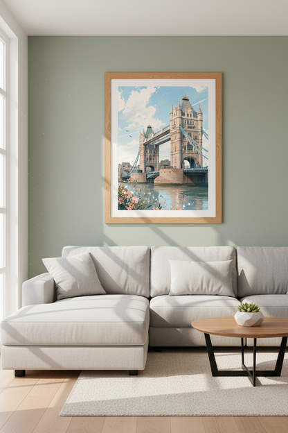 London Tower Bridge Art | Pastel Blue Cityscape, Living Room Decor Poster