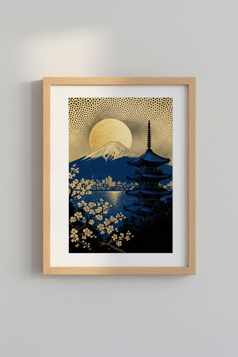 Japanese garden wall art | Ukiyo-e inspired blue gold, living room decor