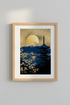 Japanese garden wall art | Ukiyo-e inspired blue gold, living room decor