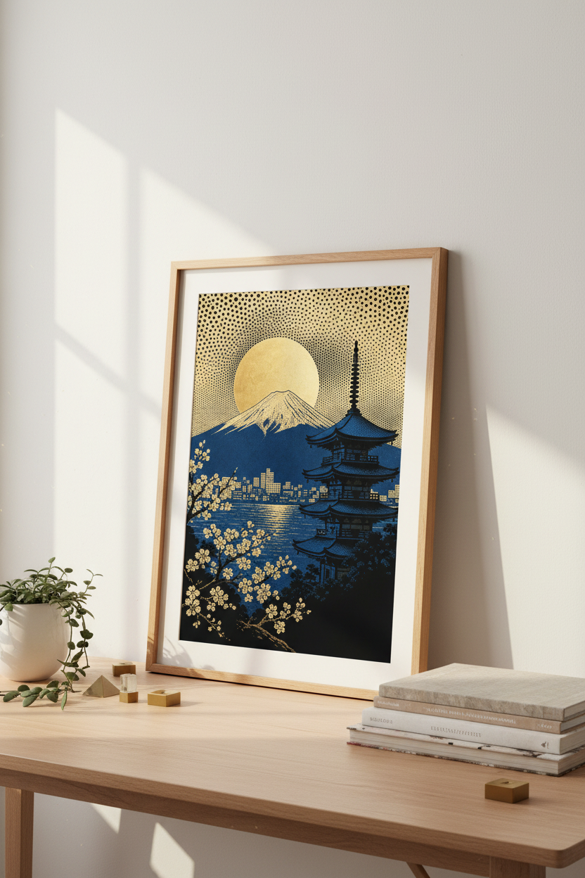 Japanese garden wall art | Ukiyo-e inspired blue gold, living room decor