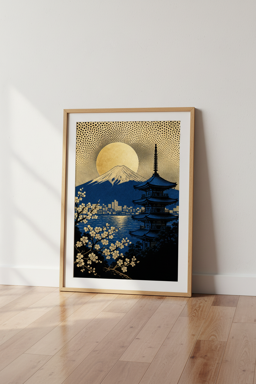 Japanese garden wall art | Ukiyo-e inspired blue gold, living room decor