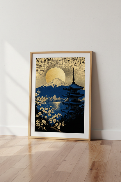 Japanese garden wall art | Ukiyo-e inspired blue gold, living room decor