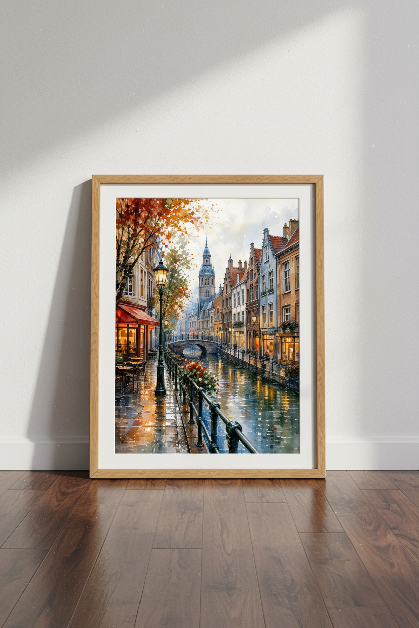 European Canal Street Watercolor Art | Autumn Cityscape Poster, Cozy Room Decor