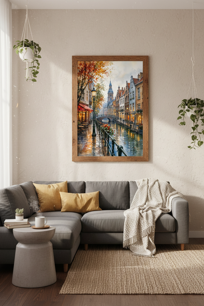 European Canal Street Watercolor Art | Autumn Cityscape Poster, Cozy Room Decor