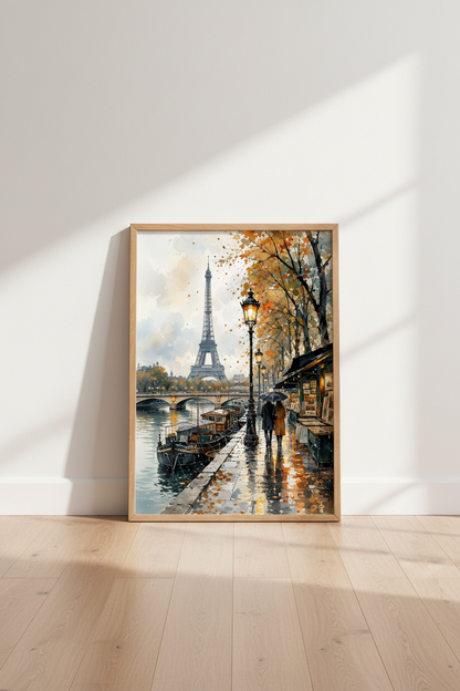 Paris Eiffel Tower Watercolor Print | Autumn Street Scene Decor | Romantic Travel Poster