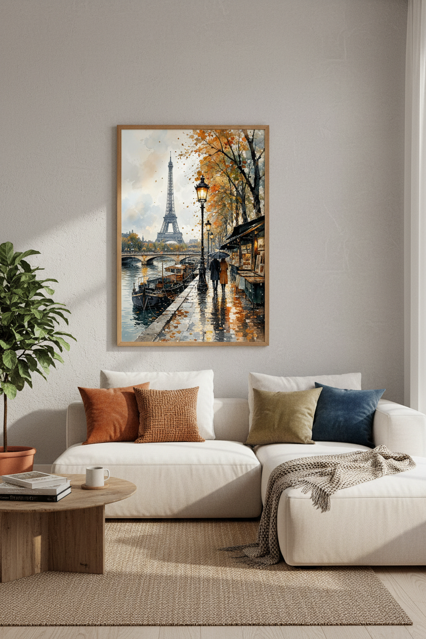 Paris Eiffel Tower Watercolor Print | Autumn Street Scene Decor | Romantic Travel Poster
