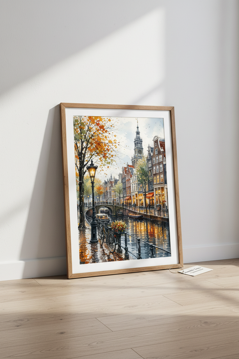 Amsterdam Canal Watercolor Print | Fall European Cityscape Art | Cozy Travel Poster