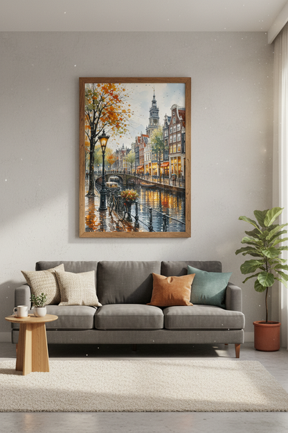 Amsterdam Canal Watercolor Print | Fall European Cityscape Art | Cozy Travel Poster