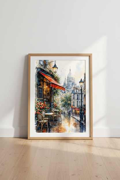 Paris Cafe Watercolor Wall Art | Montmartre France Poster, Living Room Decor