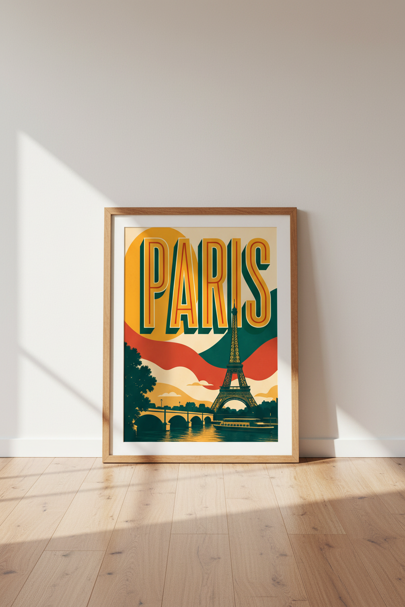 Paris Retro Travel Poster | Eiffel Tower Art Deco Print, Mid Century Living Room Decor