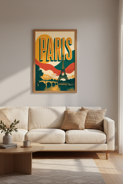 Paris Retro Travel Poster | Eiffel Tower Art Deco Print, Mid Century Living Room Decor