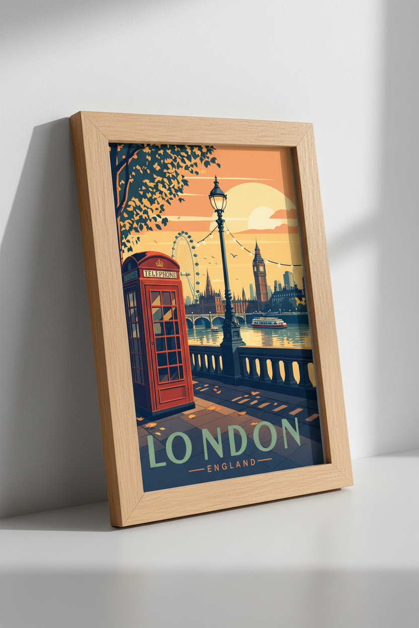 London Travel Poster | Vintage Red Booth &amp; Skyline Art, Living Room Decor