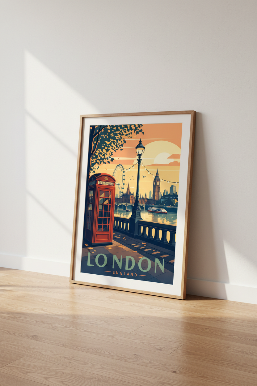 London Travel Poster | Vintage Red Booth &amp; Skyline Art, Living Room Decor
