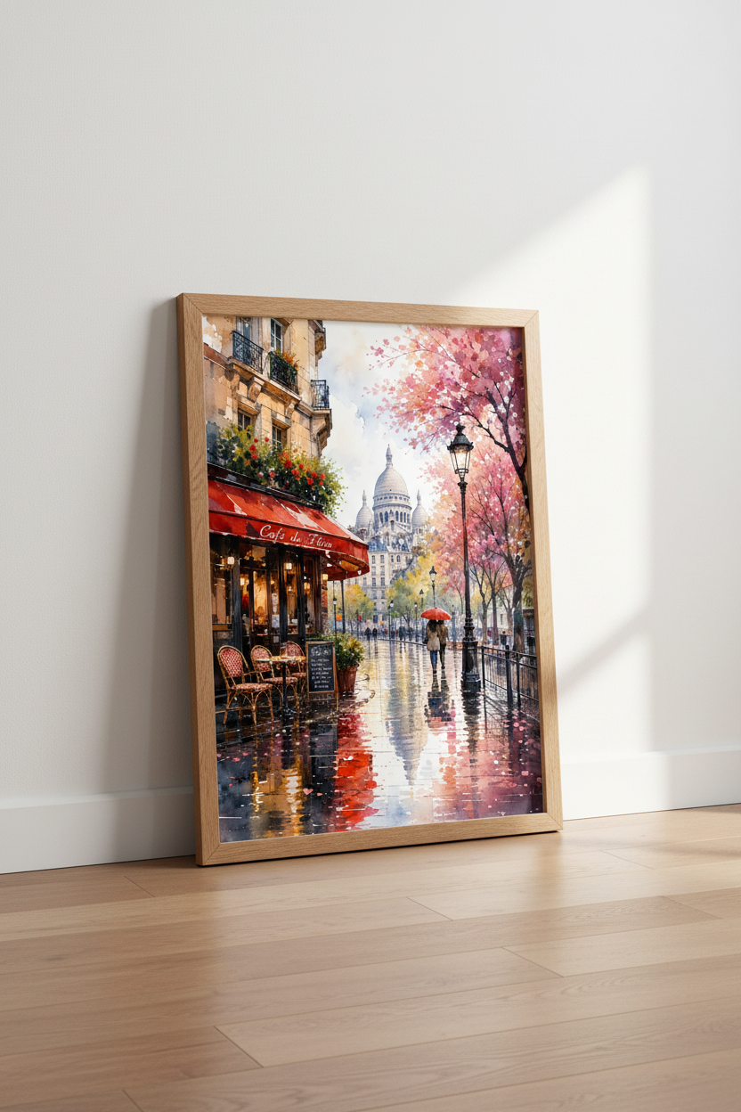 Paris Cafe Watercolor Wall Art | Pink Flower Cityscape | Aesthetic Decor