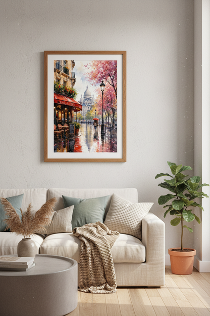 Paris Cafe Watercolor Wall Art | Pink Flower Cityscape | Aesthetic Decor