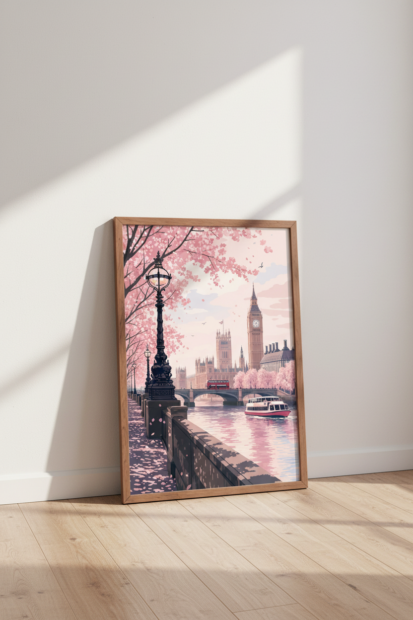 London Big Ben Wall Art | Cherry Blossom Pink Pastel, Bedroom Travel Poster