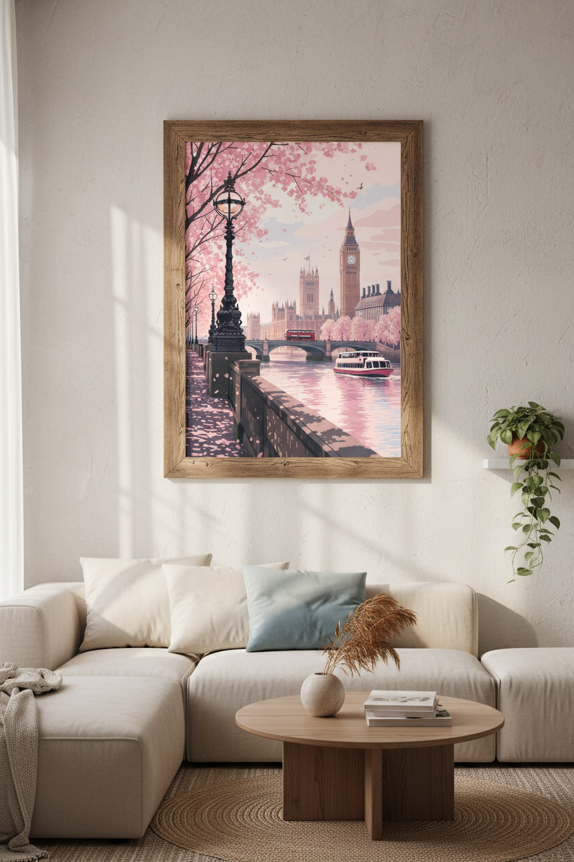 London Big Ben Wall Art | Cherry Blossom Pink Pastel, Bedroom Travel Poster