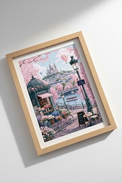Paris Spring Cityscape | Pink Cherry Blossom Art, Romantic French Cafe Poster