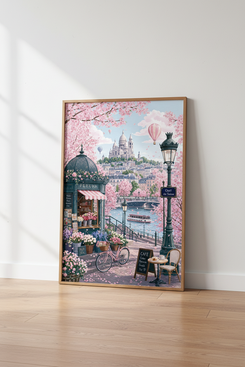 Paris Spring Cityscape | Pink Cherry Blossom Art, Romantic French Cafe Poster