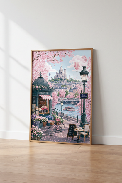 Paris Spring Cityscape | Pink Cherry Blossom Art, Romantic French Cafe Poster