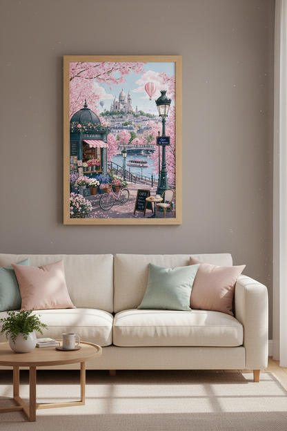 Paris Spring Cityscape | Pink Cherry Blossom Art, Romantic French Cafe Poster